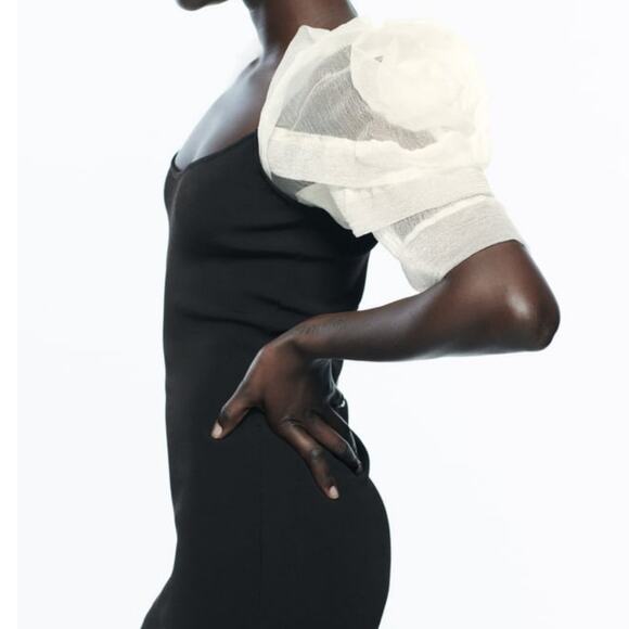 ZARA Voluminous Balloon Organza Sleeve Mini Dress Knit Size Small - Picture 3 of 10